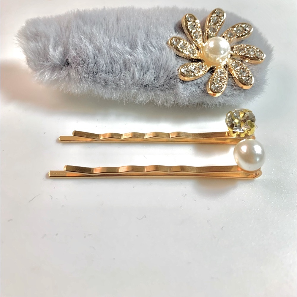 Gray Puff Pearl Hair Pin Set - Picture 2 of 5